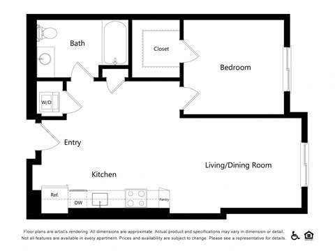 Floor plan for 1 bed, 1 bath, 702 sqft